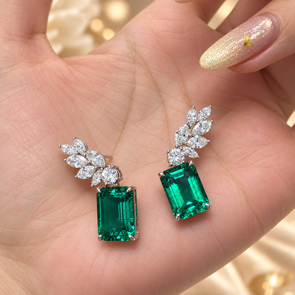 Emerald Cut Hydrothermal Lab-Grown Emerald Botanical High Jewelry Drop Dangle Earrings