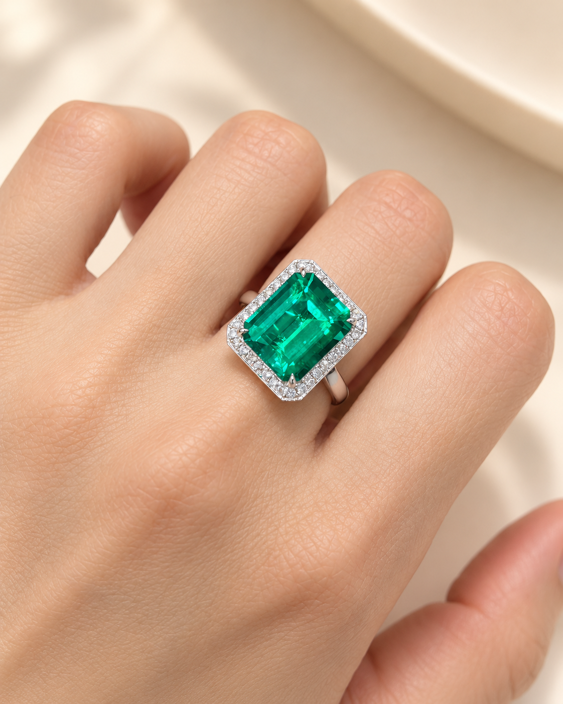 Emerald Cut Hydrothermal Lab-Grown Emerald Classic Halo Statement Ring with Natural-Style Jardin Inclusions