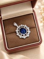 Oval Cut Royal Blue Lab-Grown Sapphire Sunburst Halo High Jewelry Statement Pendant