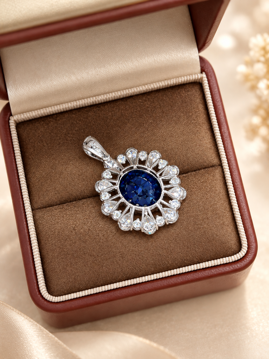 Oval Cut Royal Blue Lab-Grown Sapphire Sunburst Halo High Jewelry Statement Pendant