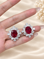 Oval Pigeon Blood Lab-Grown Ruby & Lab-Grown Diamond Cluster Earrings