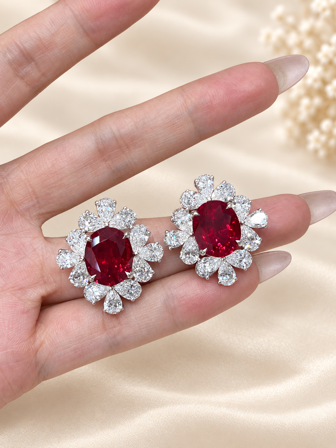 Oval Pigeon Blood Lab-Grown Ruby & Lab-Grown Diamond Cluster Earrings
