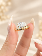 18K Floating East-West tilted Pear & Pavé Wave Stacking Ring Set
