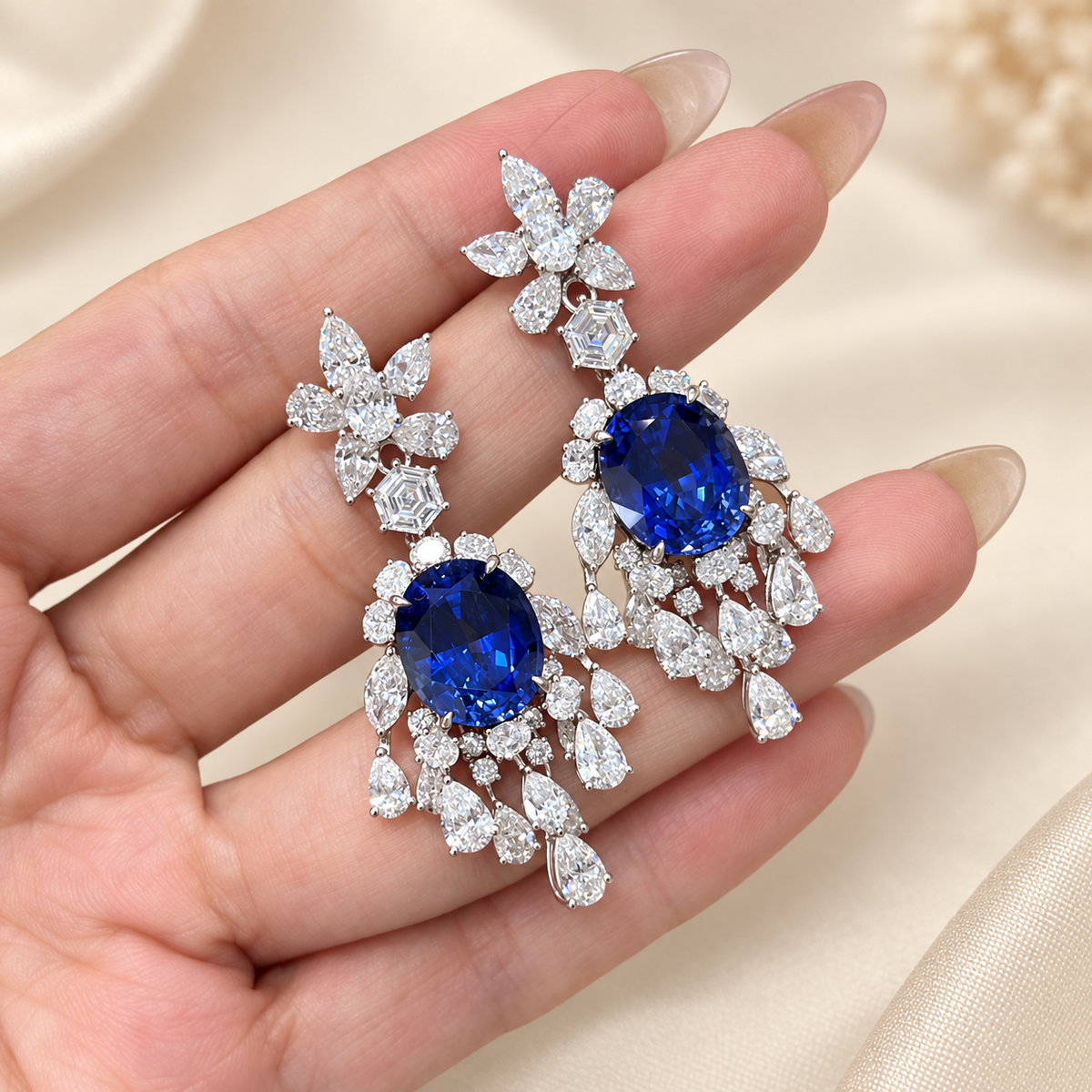 Oval Royal Blue Lab-Grown Sapphire & Lab-Grown Diamond Chandelier Drop High Jewelry Red-Carpet Statement Earrings