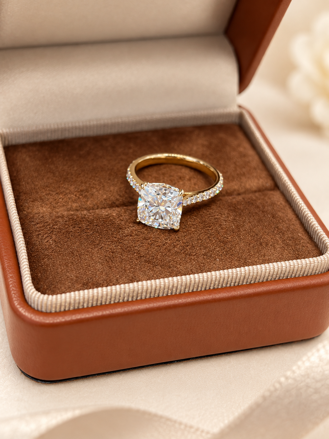 Cushion Cut Solitaire Lab-Grown Diamond Engagement Ring with Hidden Halo & Pavé Band