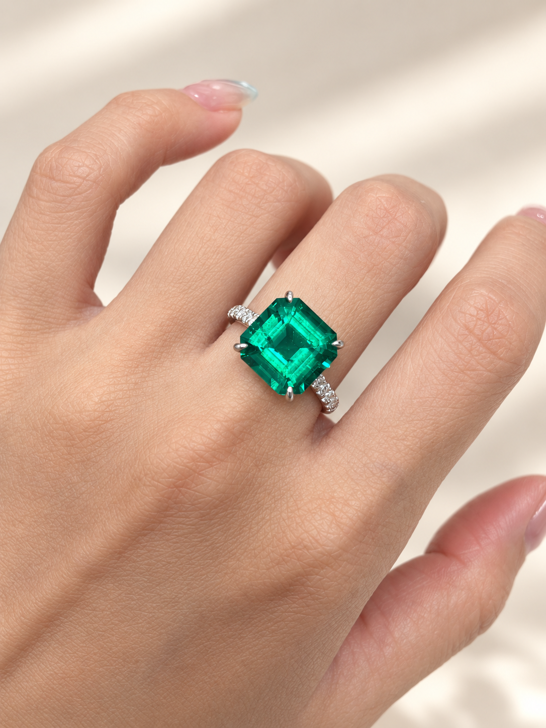 Asscher Cut Lab-Grown Emerald Pave Classic Solitaire Ring with Natural Jardin Inclusions