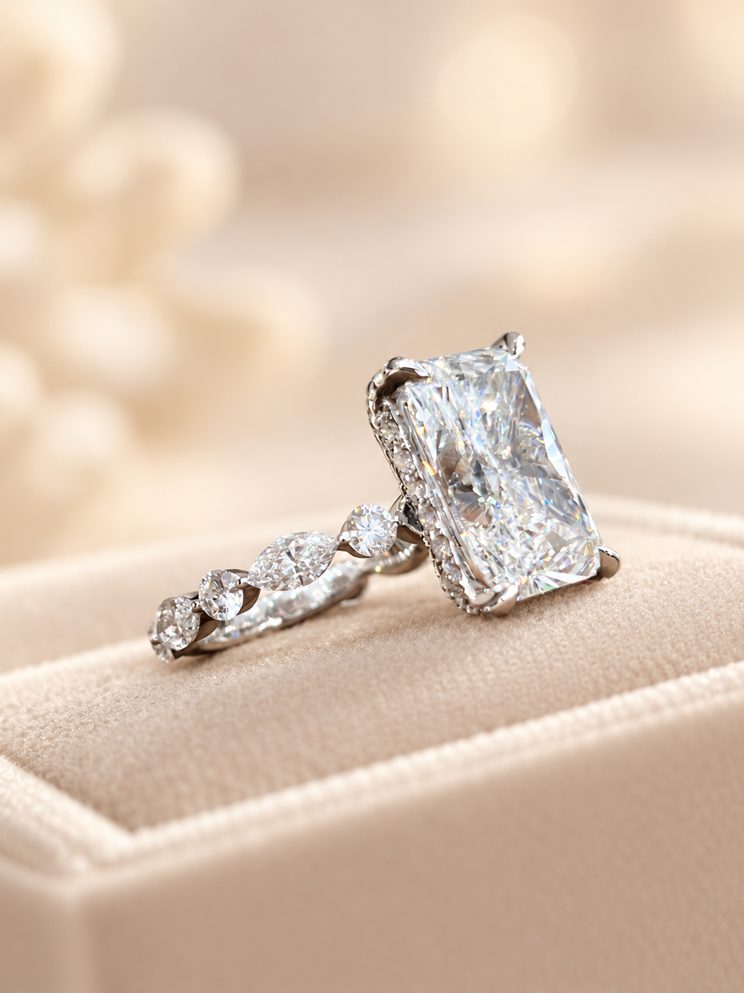 Radiant Cut Hidden Halo Engagement Ring with Alternating Marquise & Round Lab-Grown Diamond Band
