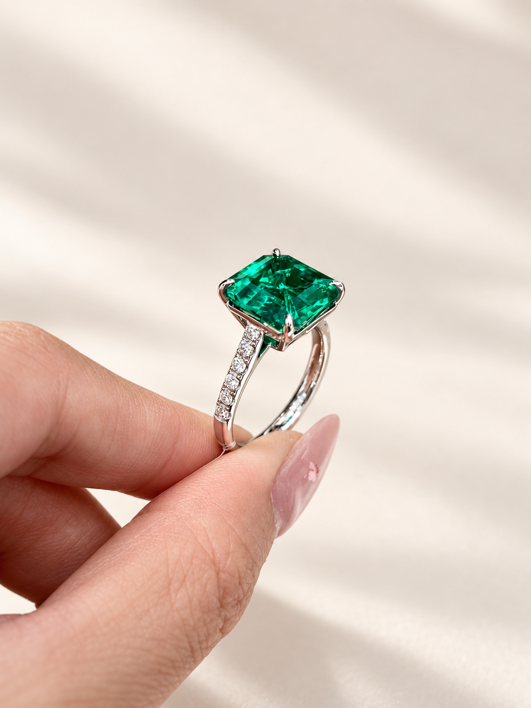 Asscher Cut Lab-Grown Emerald Pave Classic Solitaire Ring with Natural Jardin Inclusions