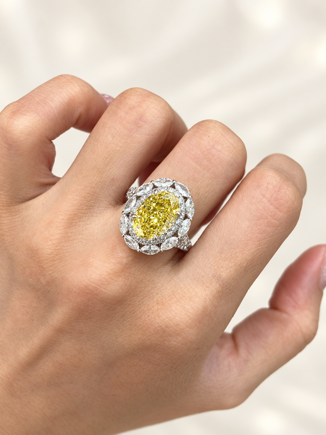 Oval Fancy Vivid Yellow Lab-Grown Diamond Double-Halo High Jewelry Cocktail Ring