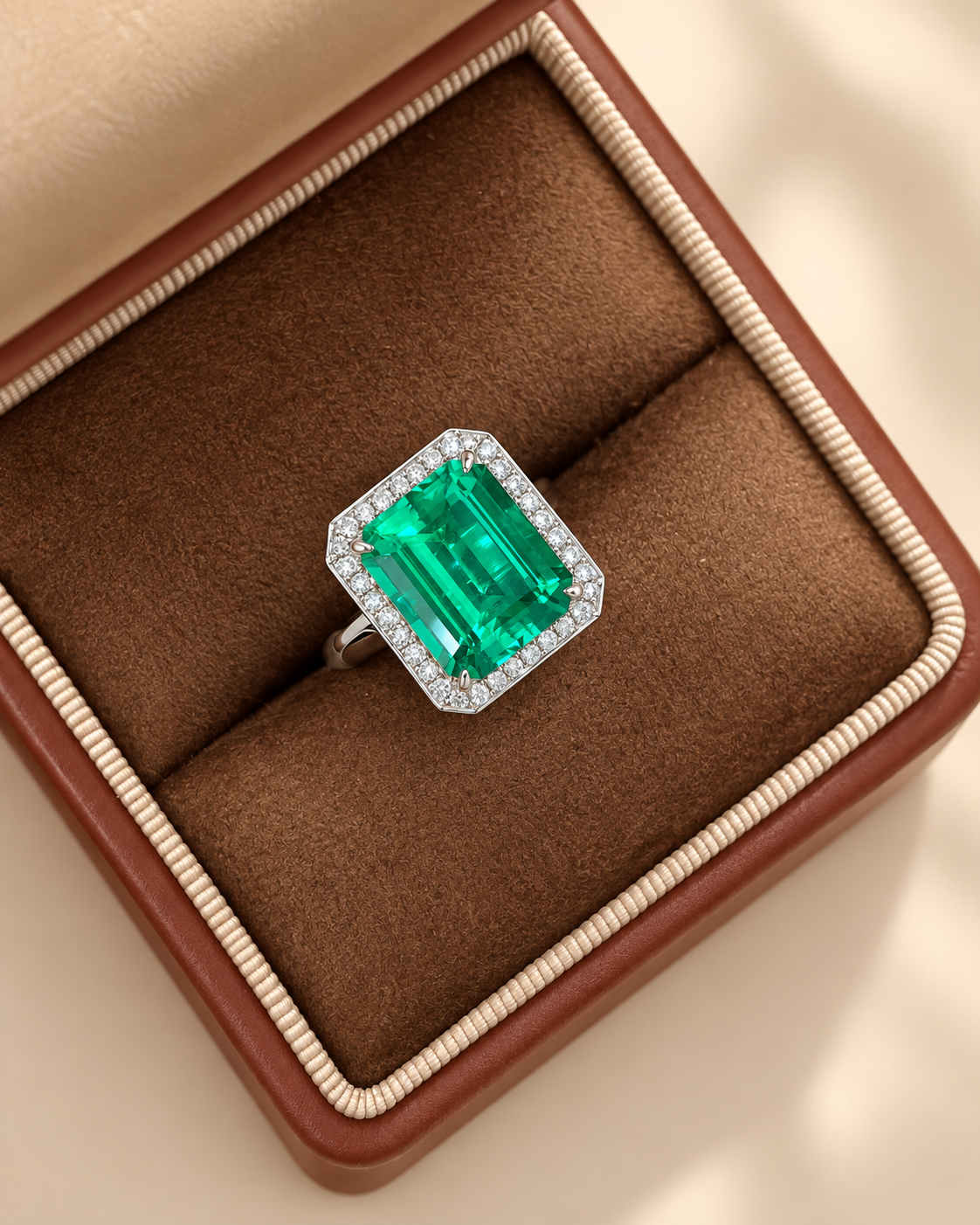 Emerald Cut Hydrothermal Lab-Grown Emerald Classic Halo Statement Ring with Natural-Style Jardin Inclusions