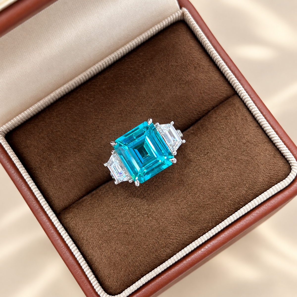 Emerald Cut Paraiba Neon Blue Lab-Grown Tourmaline Three-Stone High Jewelry Ring