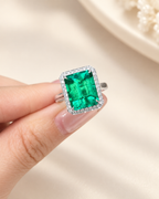 Emerald Cut Hydrothermal Lab-Grown Emerald Classic Halo Statement Ring with Natural-Style Jardin Inclusions
