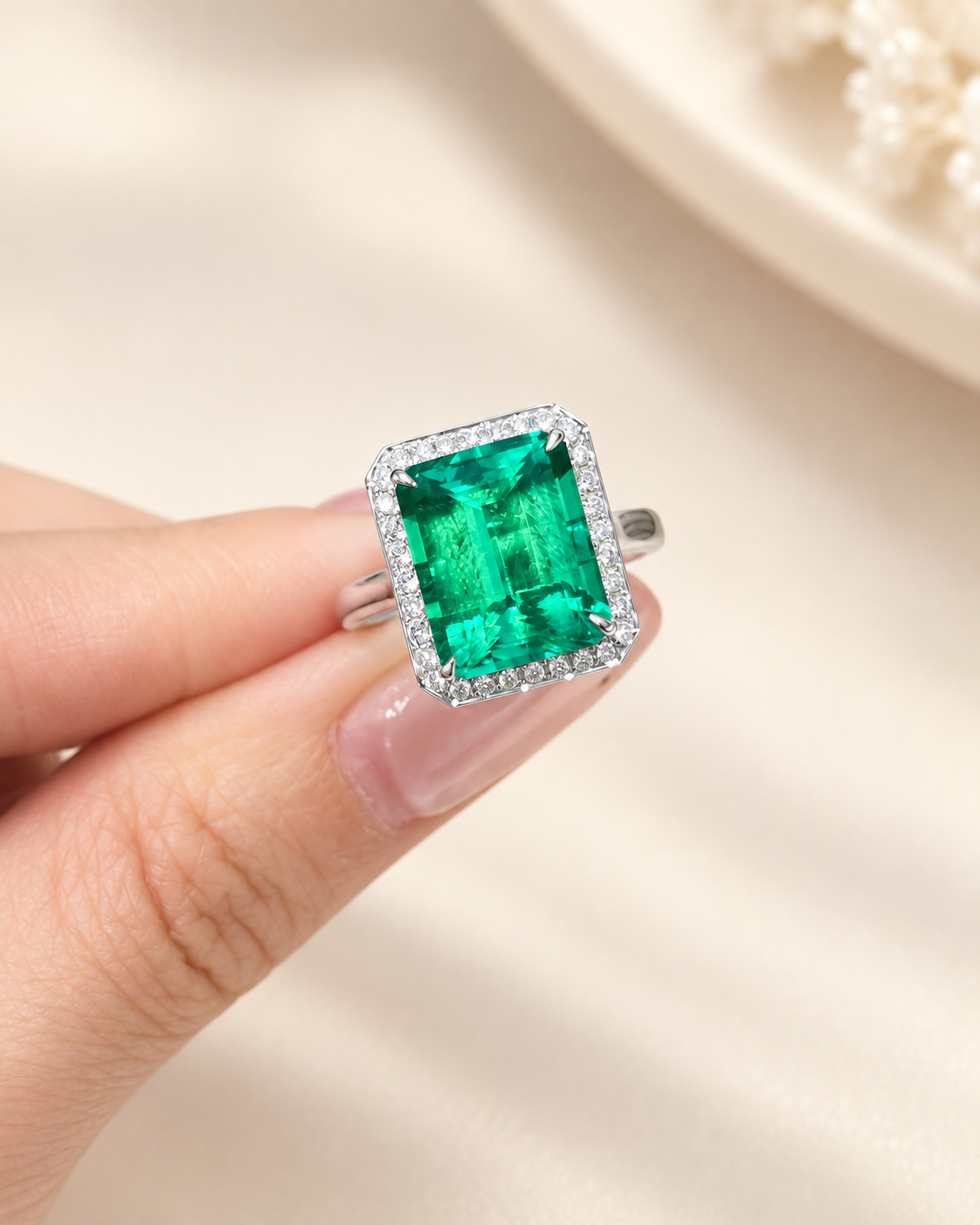 Emerald Cut Hydrothermal Lab-Grown Emerald Classic Halo Statement Ring with Natural-Style Jardin Inclusions