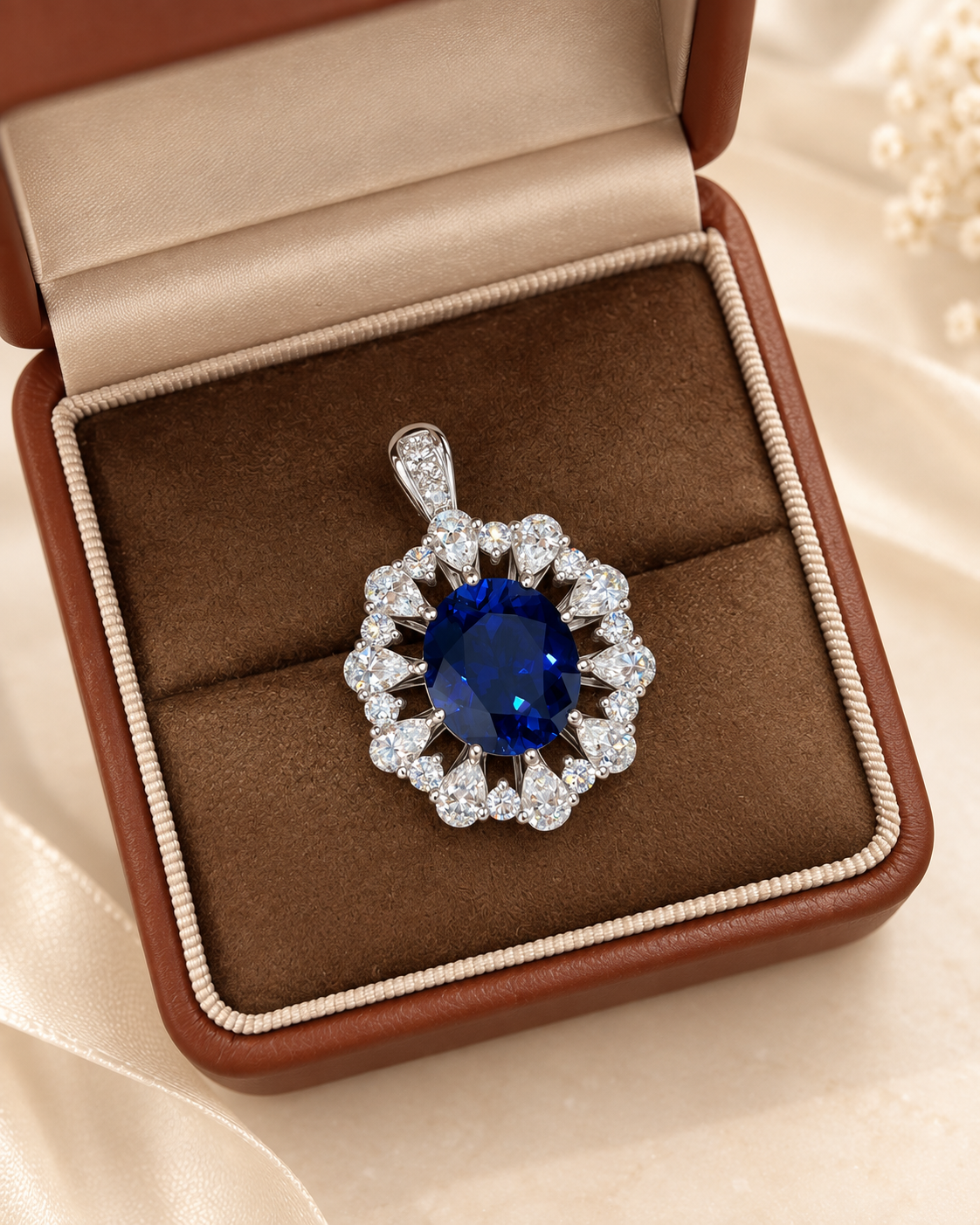 Oval Cut Royal Blue Lab-Grown Sapphire Sunburst Halo High Jewelry Statement Pendant