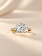 Cushion Cut Solitaire Lab-Grown Diamond Engagement Ring with Hidden Halo & Pavé Band