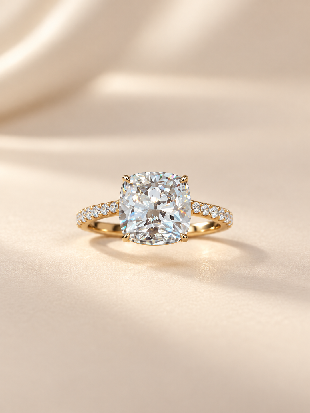 Cushion Cut Solitaire Lab-Grown Diamond Engagement Ring with Hidden Halo & Pavé Band