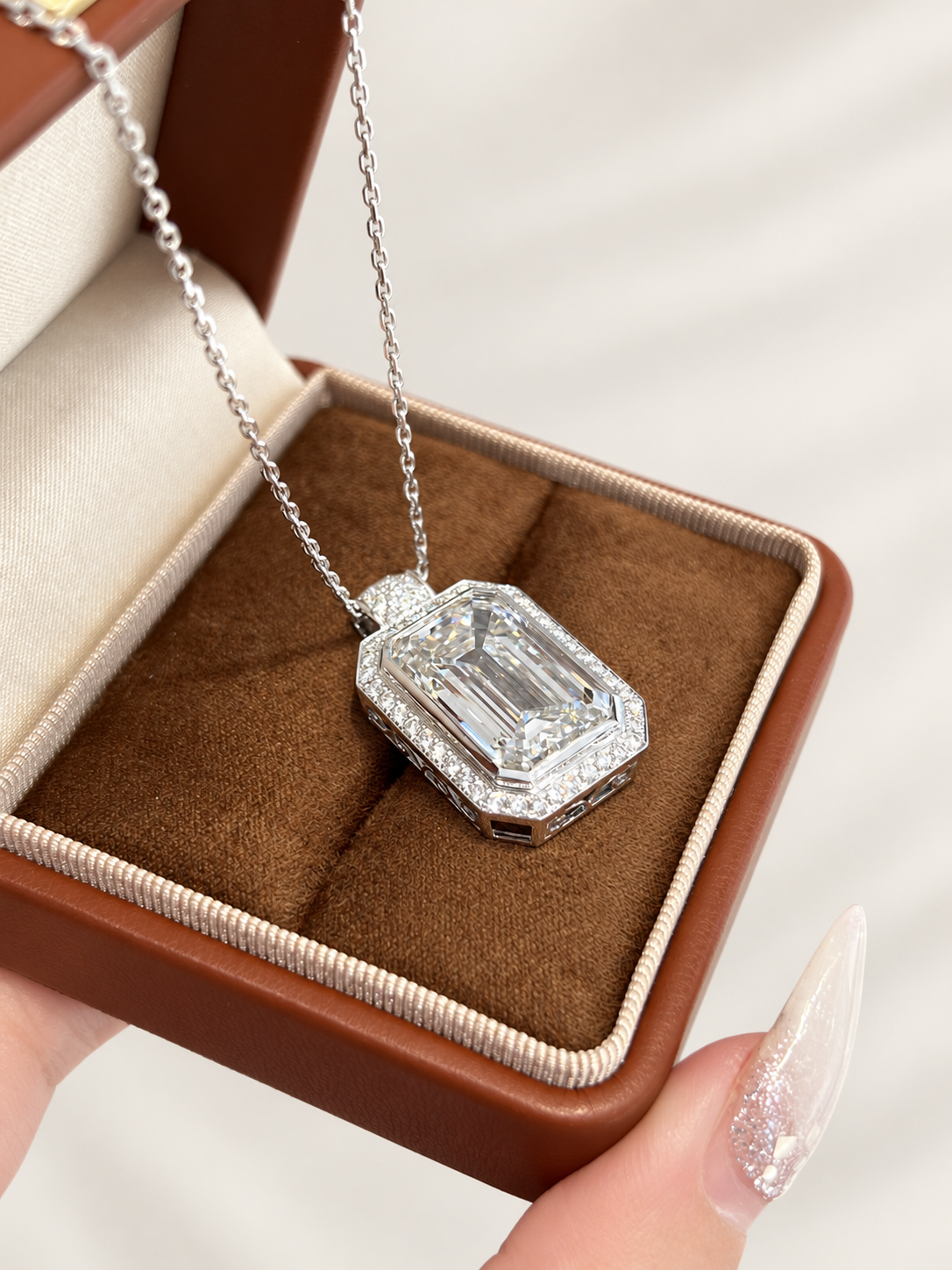 Emerald Cut Lab-Grown Diamond Bezel-Halo High Jewelry Statement Necklace