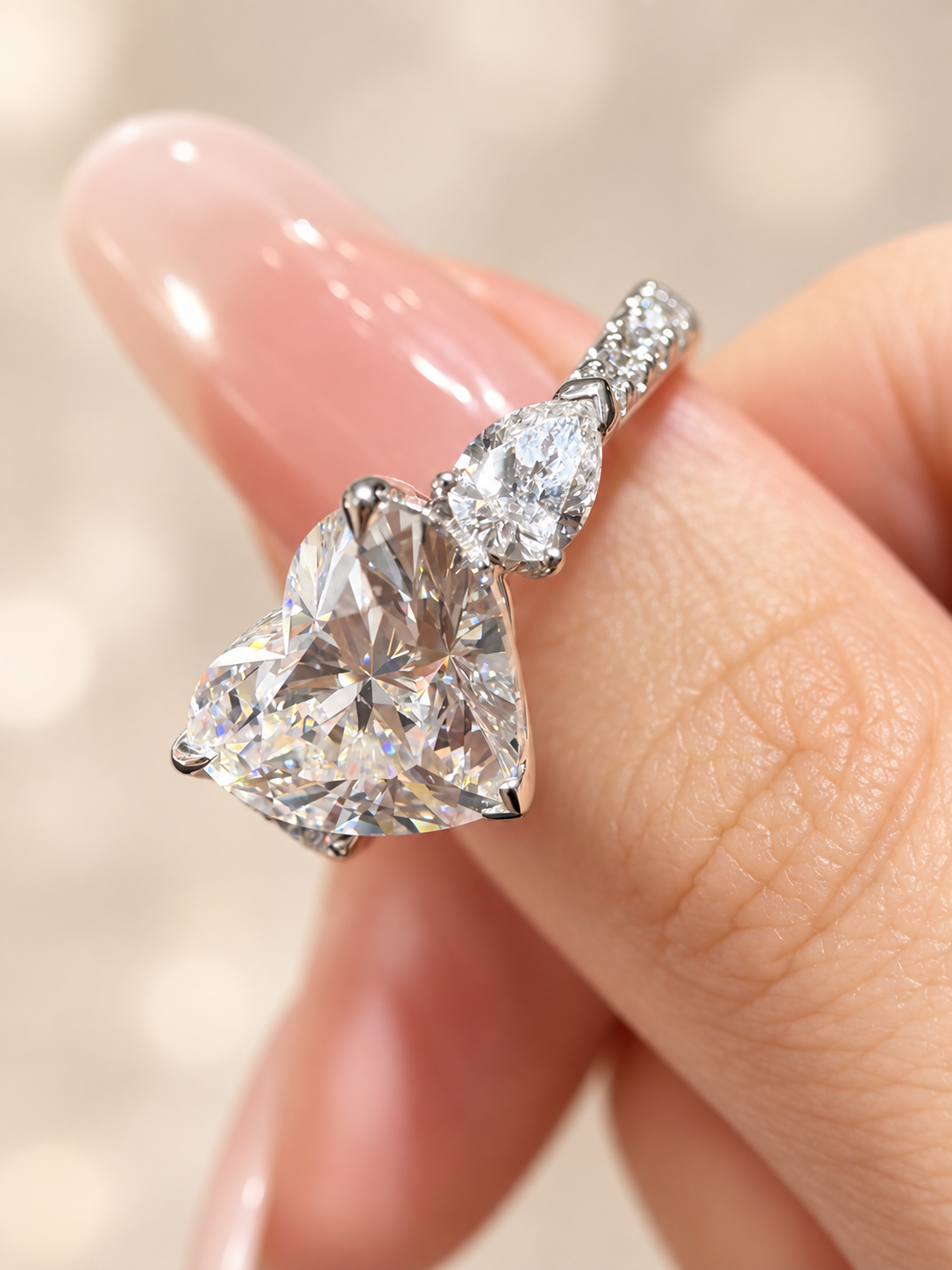 Heart-Shaped Lab-Grown Diamond Three-Stone Engagement Ring with Pear Accents & Pave Band