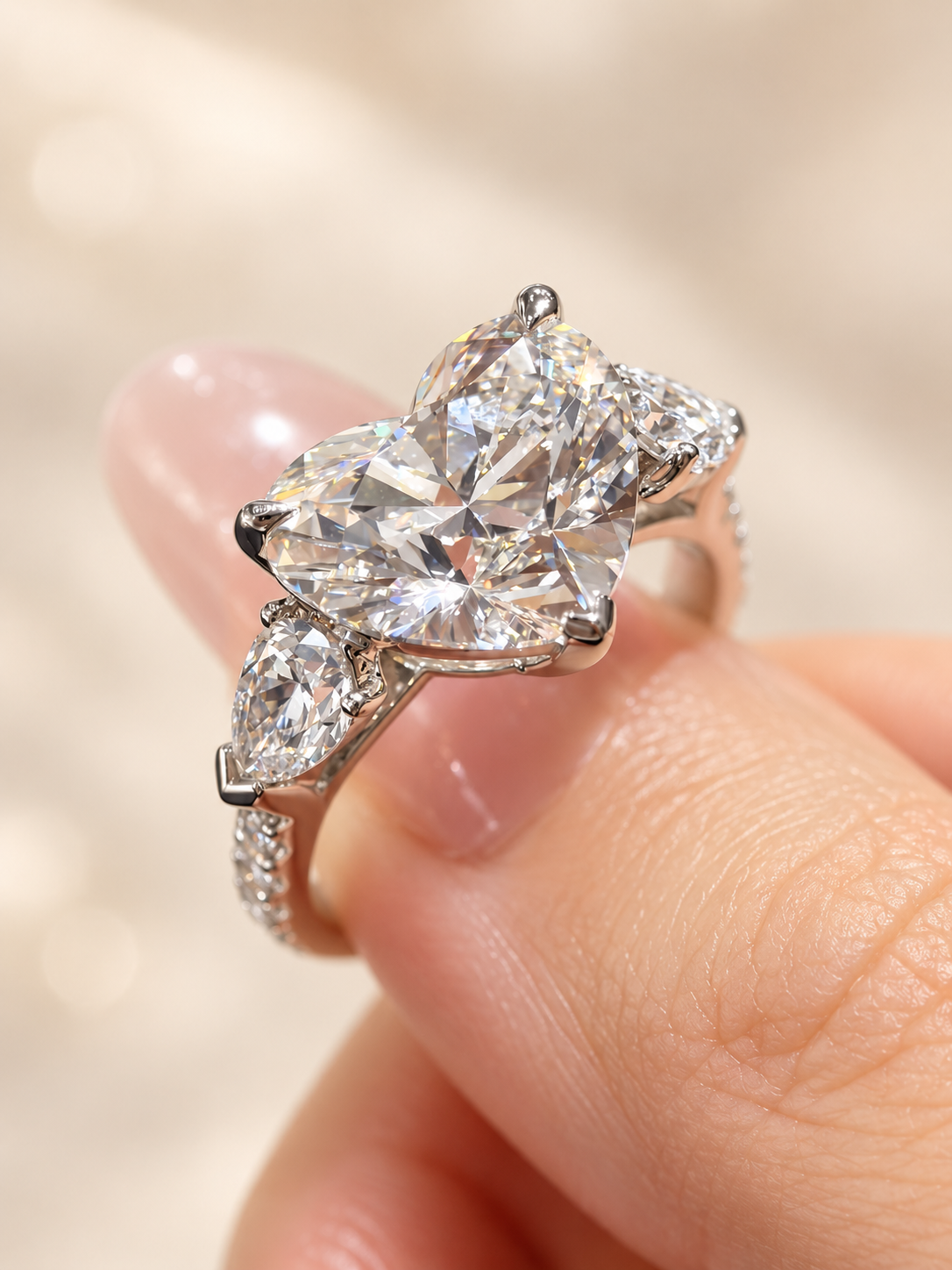 Heart-Shaped Lab-Grown Diamond Three-Stone Engagement Ring with Pear Accents & Pave Band