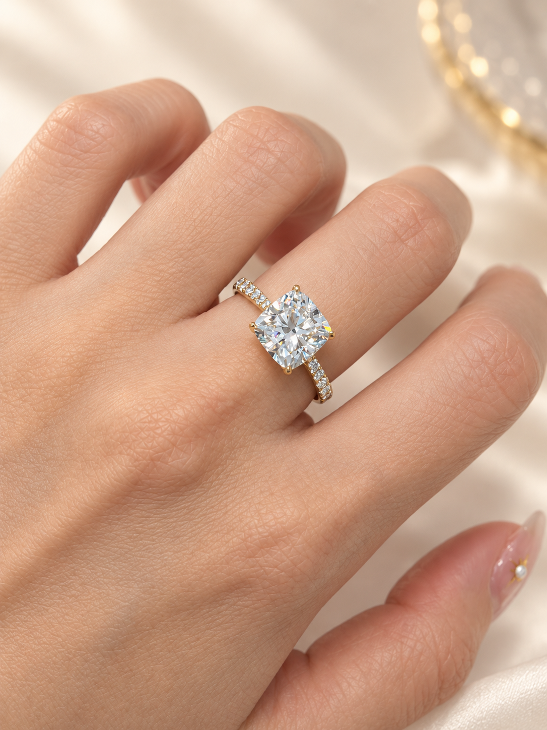 Cushion Cut Solitaire Lab-Grown Diamond Engagement Ring with Hidden Halo & Pavé Band