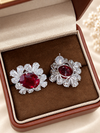 Oval Pigeon Blood Lab-Grown Ruby & Lab-Grown Diamond Cluster Earrings