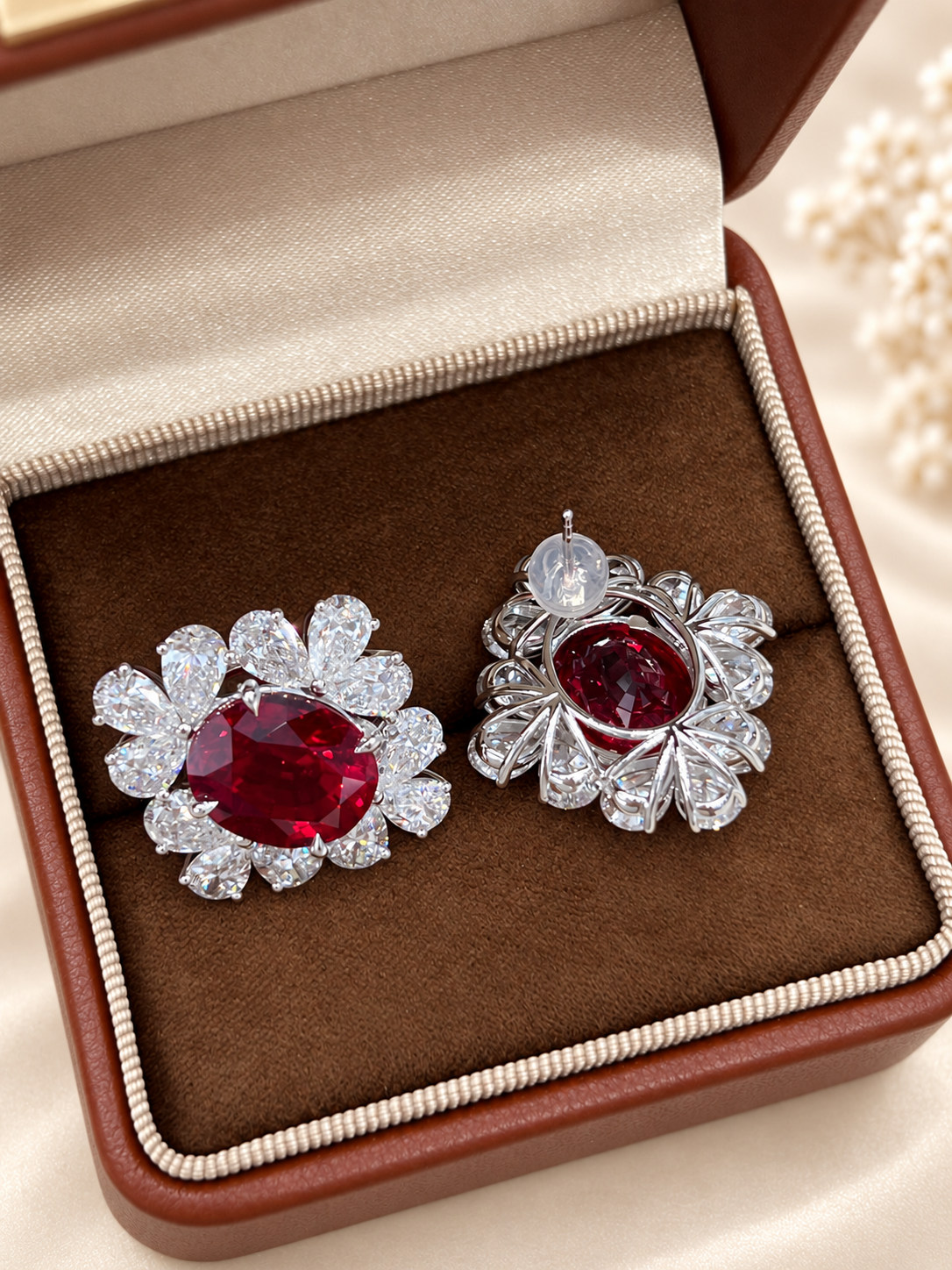 Oval Pigeon Blood Lab-Grown Ruby & Lab-Grown Diamond Cluster Earrings