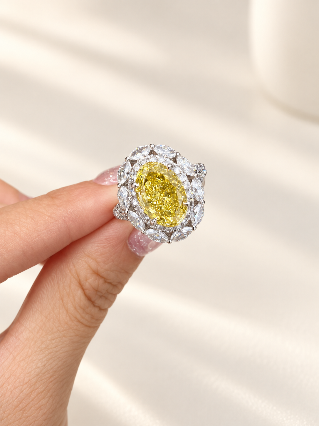 Oval Fancy Vivid Yellow Lab-Grown Diamond Double-Halo High Jewelry Cocktail Ring