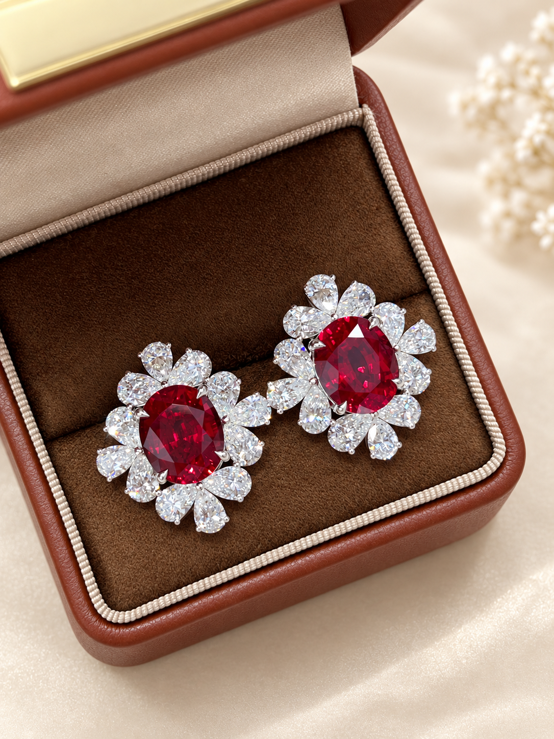 Oval Pigeon Blood Lab-Grown Ruby & Lab-Grown Diamond Cluster Earrings