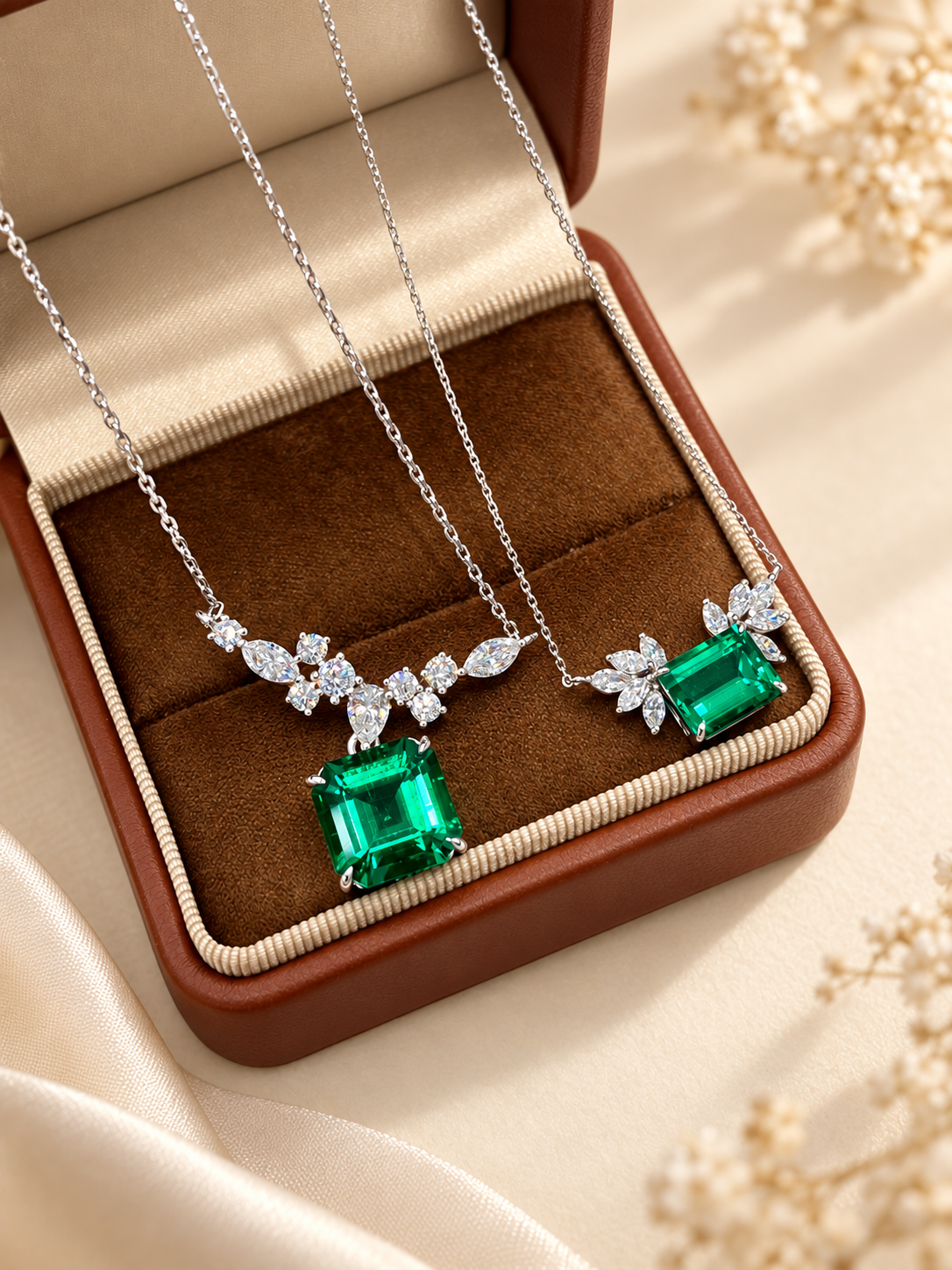 Emerald Cut Hydrothermal Lab-Grown Emerald Botanical Necklace