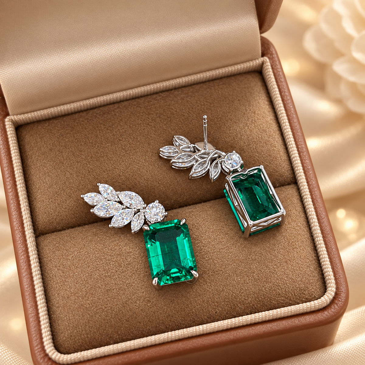 Emerald Cut Hydrothermal Lab-Grown Emerald Botanical High Jewelry Drop Dangle Earrings