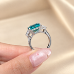 Emerald Cut Paraiba Neon Blue Lab-Grown Tourmaline Three-Stone High Jewelry Ring