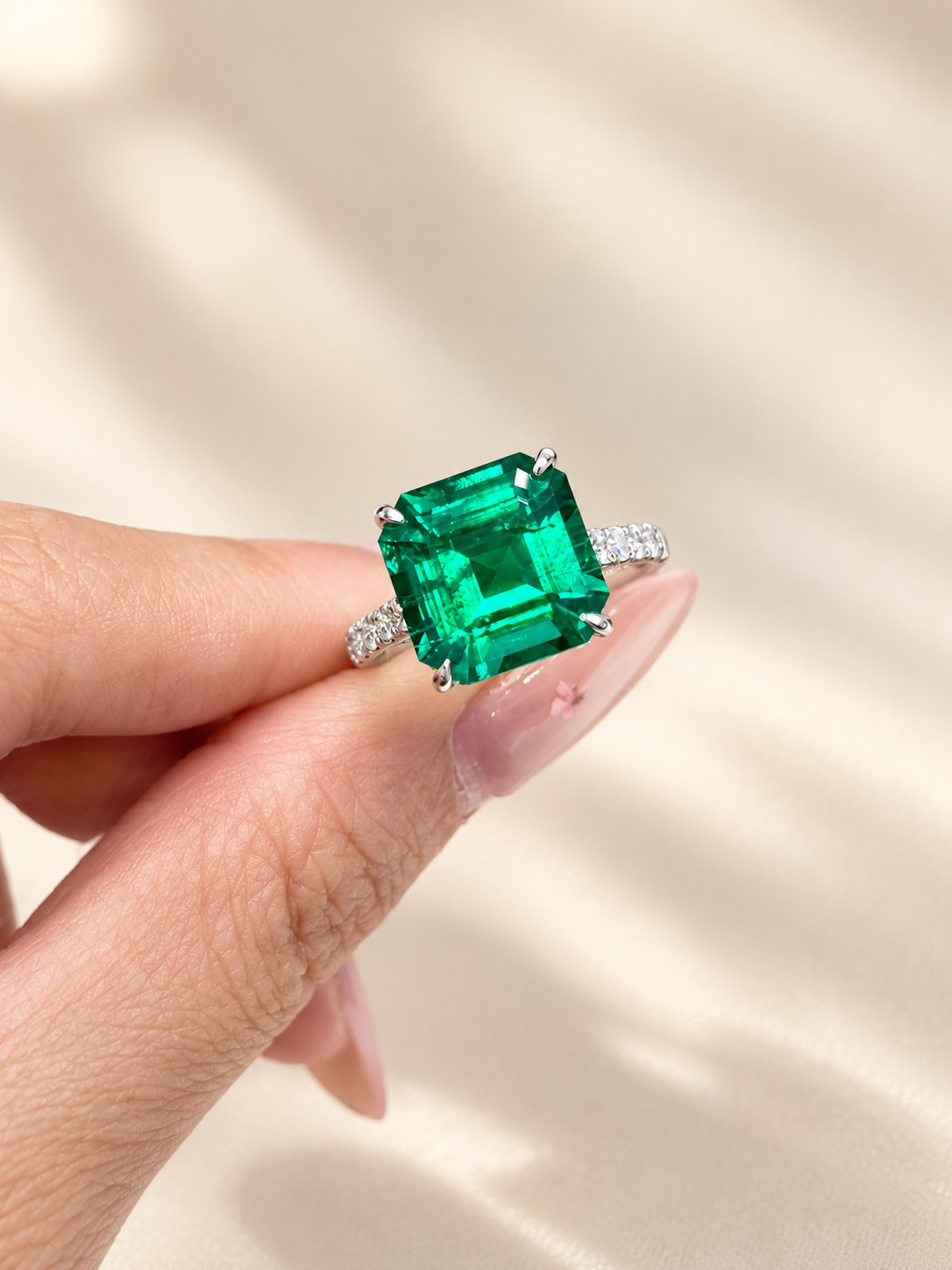 Asscher Cut Lab-Grown Emerald Pave Classic Solitaire Ring with Natural Jardin Inclusions