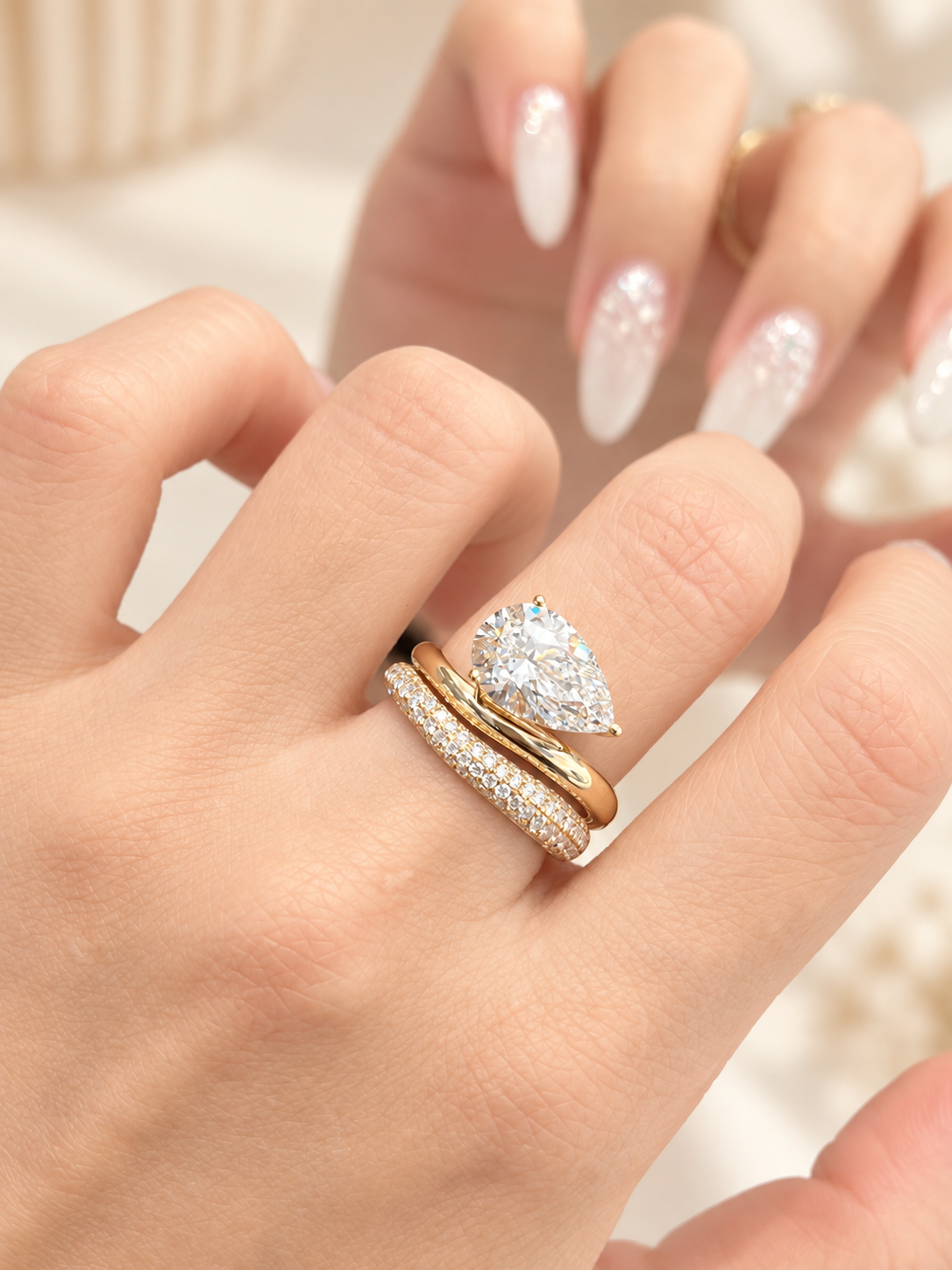 18K Floating East-West tilted Pear & Pavé Wave Stacking Ring Set