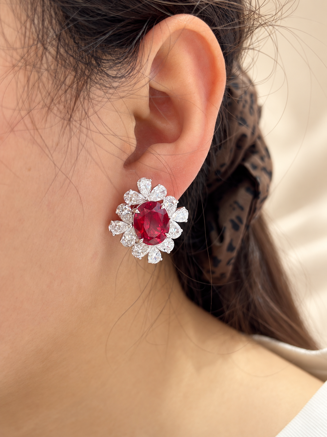 Oval Pigeon Blood Lab-Grown Ruby & Lab-Grown Diamond Cluster Earrings