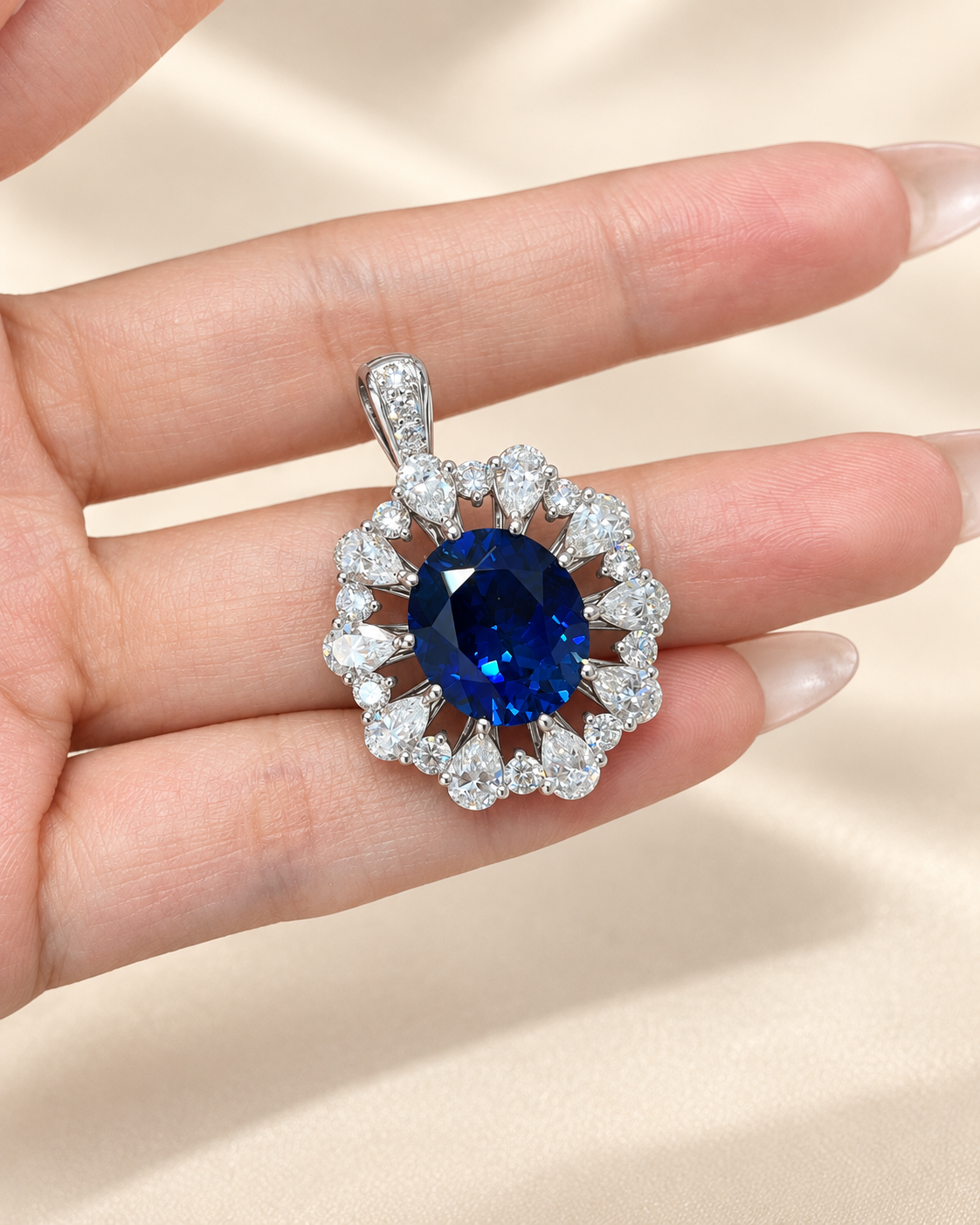 Oval Cut Royal Blue Lab-Grown Sapphire Sunburst Halo High Jewelry Statement Pendant