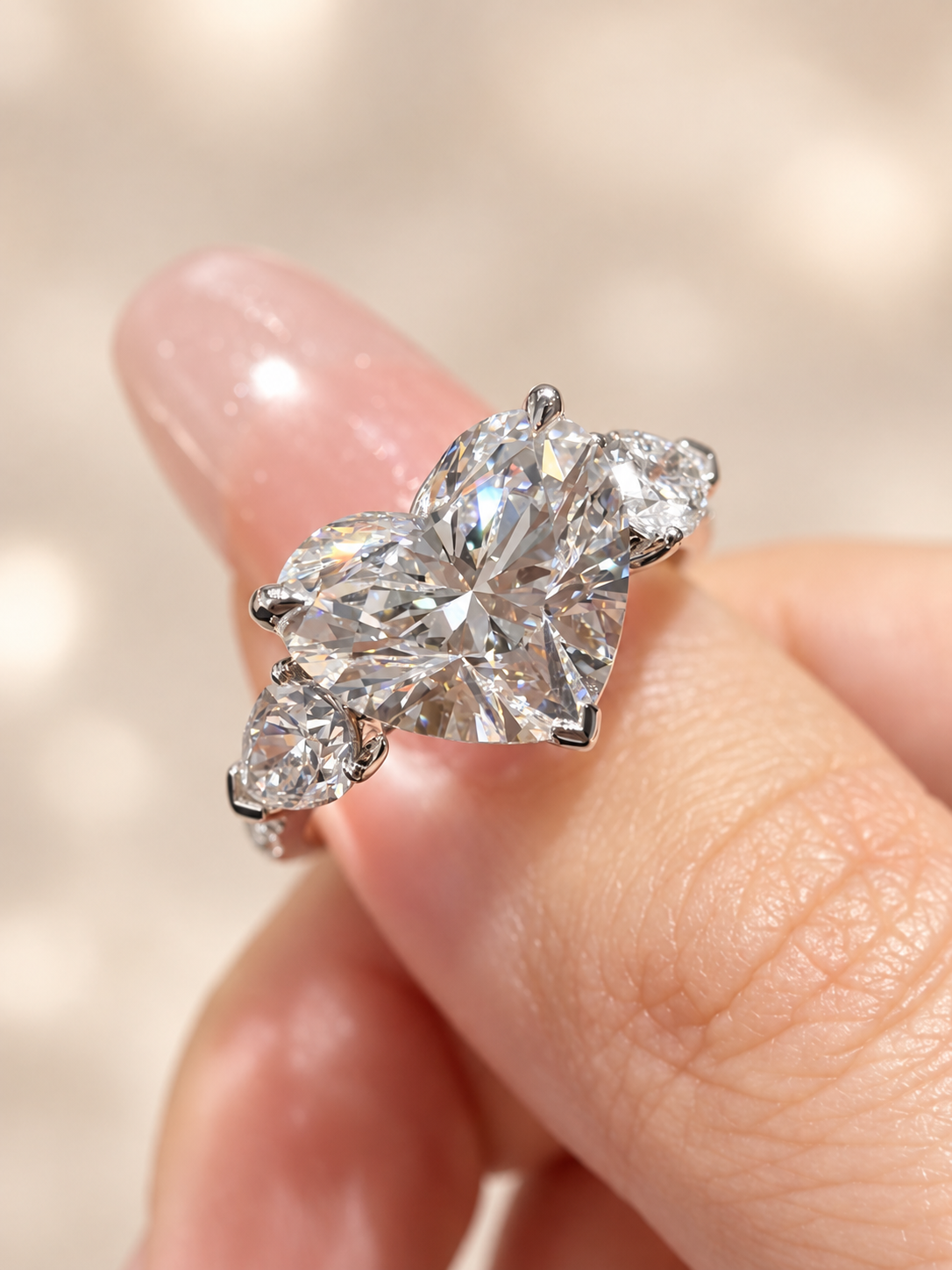 Heart-Shaped Lab-Grown Diamond Three-Stone Engagement Ring with Pear Accents & Pave Band