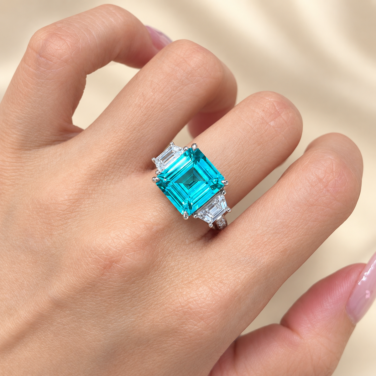 Emerald Cut Paraiba Neon Blue Lab-Grown Tourmaline Three-Stone High Jewelry Ring