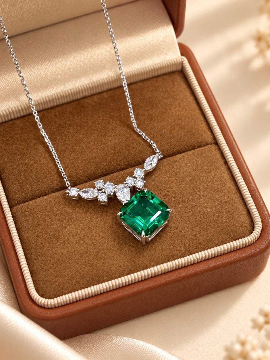 Emerald Cut Hydrothermal Lab-Grown Emerald Botanical Necklace
