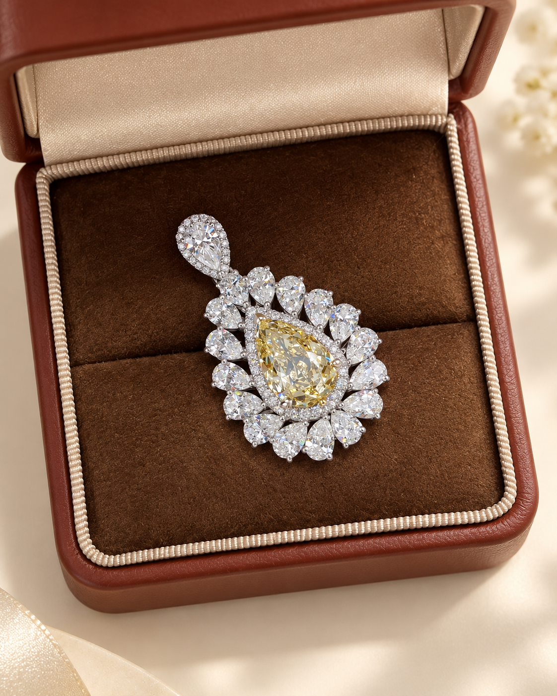 Pear Cut Fancy Yellow Lab-Grown Diamond High Jewelry Royal HalCluster Statement Drop Pendant