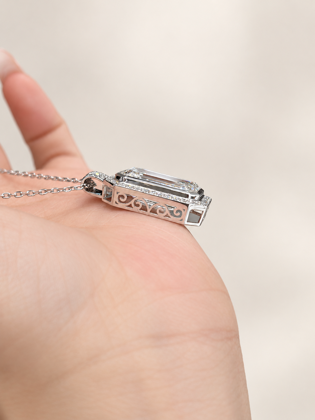 Emerald Cut Lab-Grown Diamond Bezel-Halo High Jewelry Statement Necklace