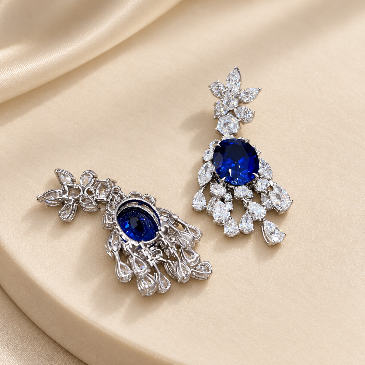 Oval Royal Blue Lab-Grown Sapphire & Lab-Grown Diamond Chandelier Drop High Jewelry Red-Carpet Statement Earrings