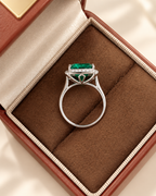 Emerald Cut Hydrothermal Lab-Grown Emerald Classic Halo Statement Ring with Natural-Style Jardin Inclusions