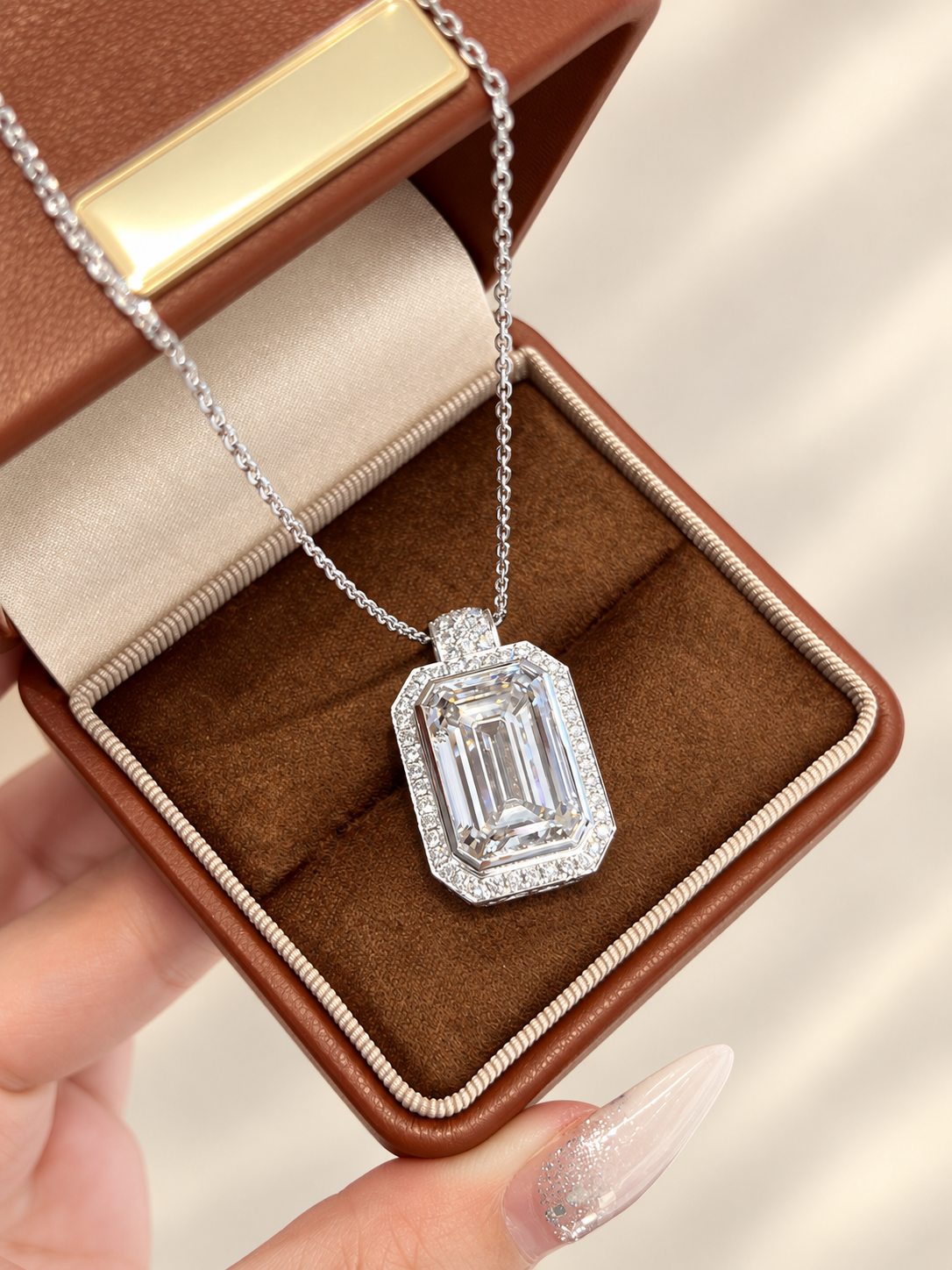 Emerald Cut Lab-Grown Diamond Bezel-Halo High Jewelry Statement Necklace