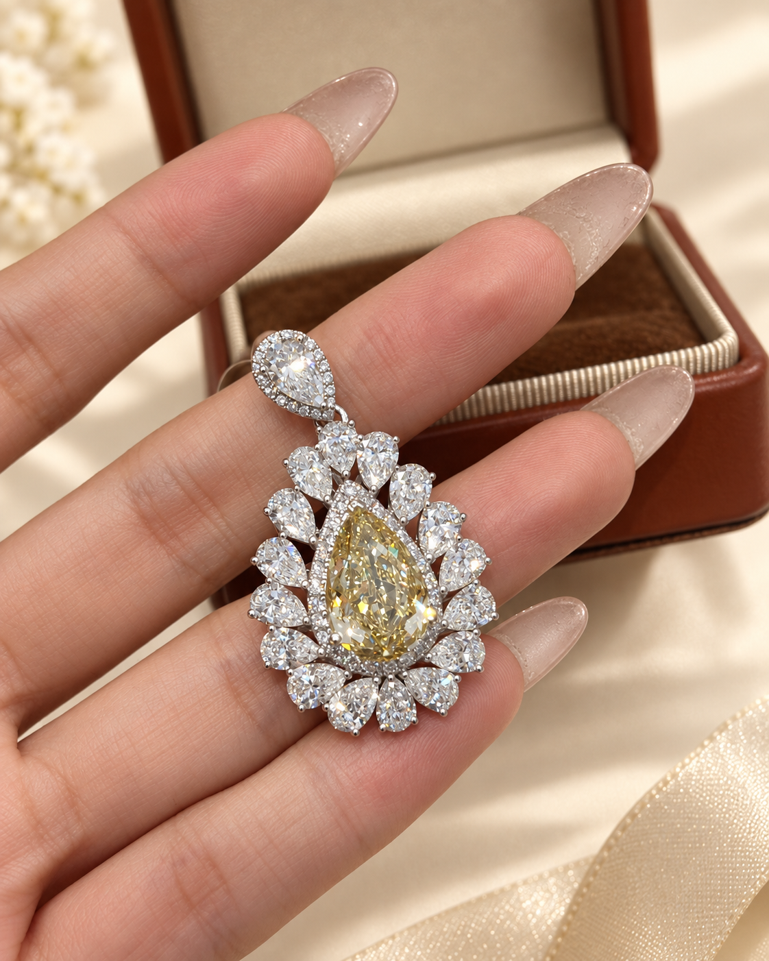 Pear Cut Fancy Yellow Lab-Grown Diamond High Jewelry Royal HalCluster Statement Drop Pendant