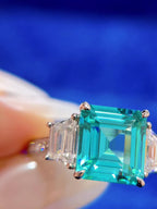Emerald Cut Paraiba Neon Blue Lab-Grown Tourmaline Three-Stone High Jewelry Ring