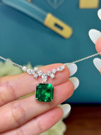 Emerald Cut Hydrothermal Lab-Grown Emerald Botanical Necklace