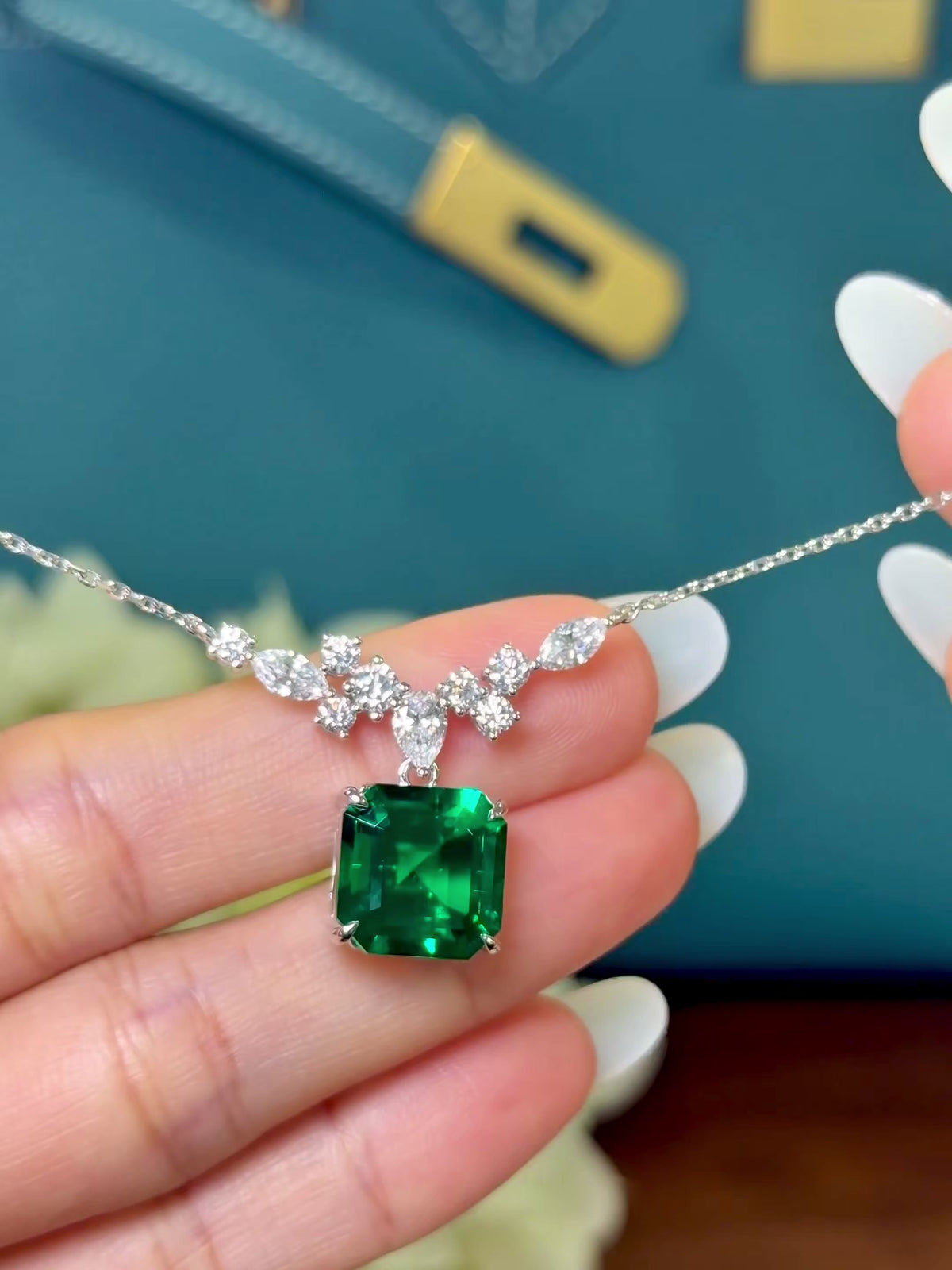 Emerald Cut Hydrothermal Lab-Grown Emerald Botanical Necklace