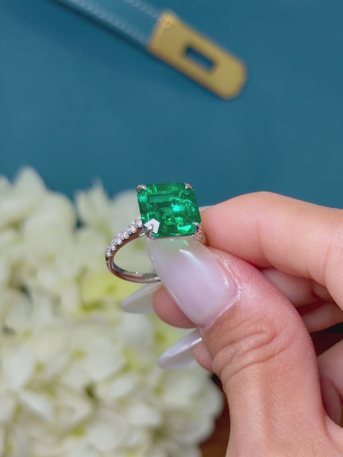 Asscher Cut Lab-Grown Emerald Pave Classic Solitaire Ring with Natural Jardin Inclusions