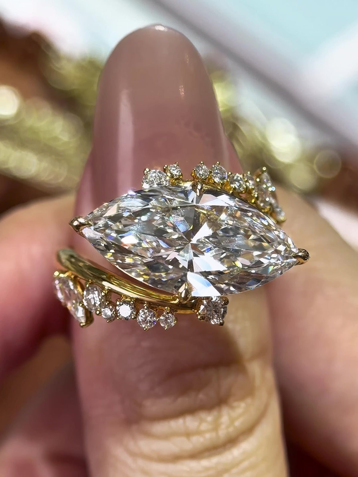 East-West Marquise Cut Bypass Lab-Grown Diamond Engagement Ring with Pavé Band – Custom Lab-Grown Diamond