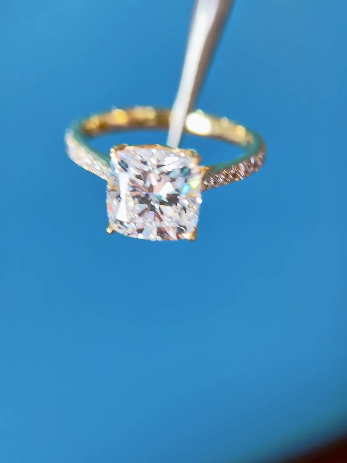 Cushion Cut Solitaire Lab-Grown Diamond Engagement Ring with Hidden Halo & Pavé Band